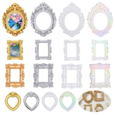 Imagem de 16 porta-retratos vintage, mini porta-retratos vintage de resina, miniatura barroca de resina antiga, retangular, para pendurar na parede, para exibição de joias DIY, fotografia, celular (4 cores)