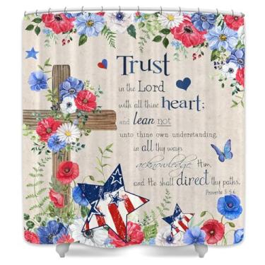Imagem de DYNH Cortina de chuveiro com flores da Bíblia, Trust in The Lord com palavras motivacionais e escrituras cristãs, cortina de banheira cruzada, borboleta de aquarela, decoração de banheiro abstrata