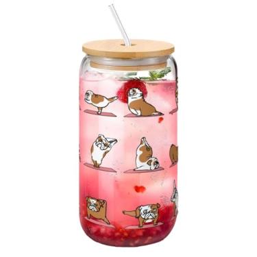 Imagem de Yipaidel Copo de vidro para ioga buldogue inglês com tampa e canudos 473 ml - Copo de vidro para café gelado, smoothie, coquetel, cerveja, refrigerante - presente de aniversário de Natal para homens