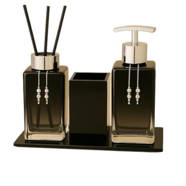 Imagem de Kit Lavabo Luxo com Difusor, Saboneteira, Porta Escovas e Bandeja Decorativa de Vidro 22x11cm(Preto Total C/Dourado)