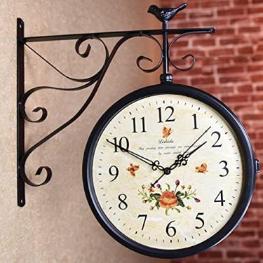 Imagem de AkosOL Relógios de parede vintage clássico estação relógio de parede retrô dupla face relógio de parede relógio externo com suporte relógio de parede de jardim - relógios de parede decorativos
