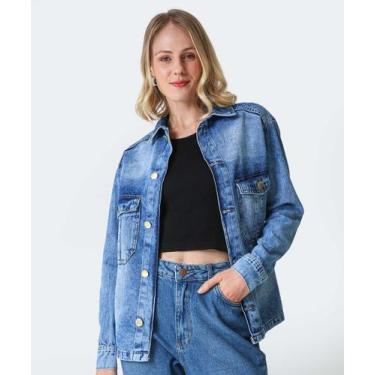 Imagem de Camisa Feminina Jeans Manga Longa Marisa-27008, PP, Jeans azul