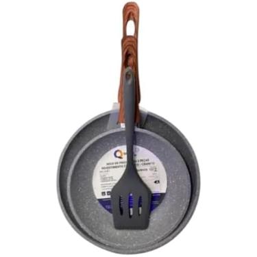 Imagem de Kit 2 Frigideiras Antiaderentes Cerâmica + Espátula Silicone – 20cm e 24cm – Cabo Imitando Madeira – Compatível com Fogão a Gás, Elétrico, Cerâmico e Indução – GRANITO