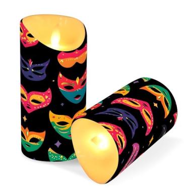 Imagem de SEHANY Máscara de carnaval velas sem chama com controle remoto e temporizador, 2 peças de velas de pilar de LED cintilantes operadas por bateria para decoração de festa de casamento, dia dos namorados