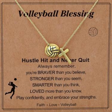 Imagem de Plikin Colar feminino com pingente de cruz de voleibol, banhado a ouro 14K, corrente ajustável, esportiva, cristã, não mancha, joias para presente de dia dos namorados