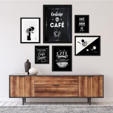 Imagem de Kit 6 Quadros Cantinho Café P&B - com Vidro