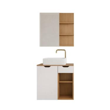 Imagem de Kit Banheiro Prisma 60cm Amêndola e Branco Gabinete Ma e Espelheira Pri com Espelho e Prateleiras