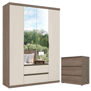 Imagem de Guarda Roupa Solteiro Nobre Glass 4 Portas Off White e Cômoda Gaveteiro Condessa Rustic Acetinado - THB