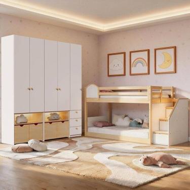 Imagem de Guarda-roupa Modulado Wave e Beliche Montessoriano New Garden Casatema Madeiraoriginals Branco/Natural