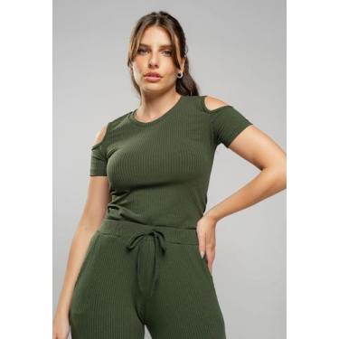 Imagem de Blusa Canelada Manga Curta Ombro Vazado Verde Musgo Salvatore, Verde m