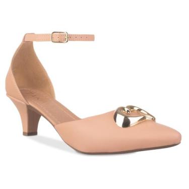 Imagem de Scarpin Feminino Salto Fino Baixo Sapato Bico Fino Enfeite Metal Doura