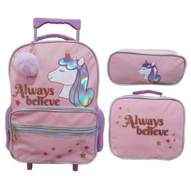 Imagem de Kit Mochila Rodinha Lancheira Estojo Unicórnio Yins YS42184 Cor:Rosa, 