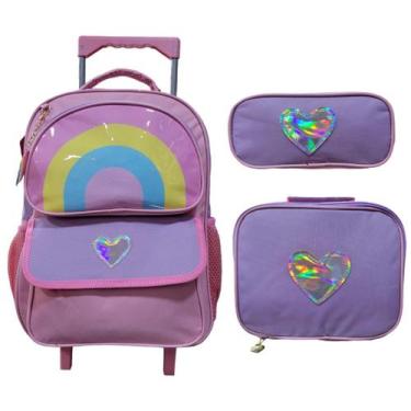 Imagem de Kit Mochila de Rodinha Lancheira Estojo Rainbow Yins YS42178 Cor:Rosa,