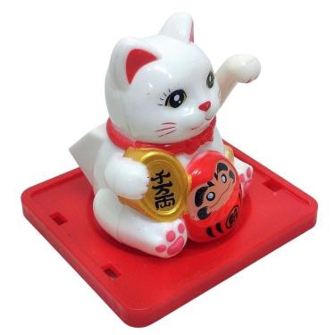 Imagem de Maneki Neko Gato Sorte Branco 5,5 cm Alt. Movido Luz Solar com Pata Esquerda Acenando e Detalhes em Vermelho Dourado