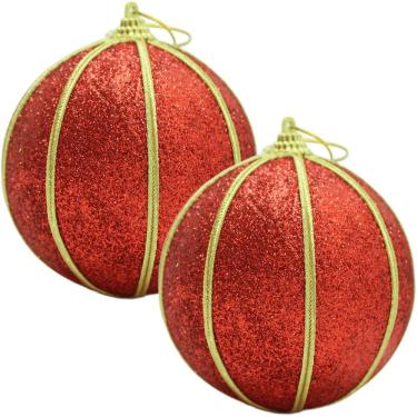 Imagem de Kit 6 Bolas de Natal Artesanal para Árvore com Glitter Dourado Acabamento Vermelho Plástico Isopor Tecido 8 cm
