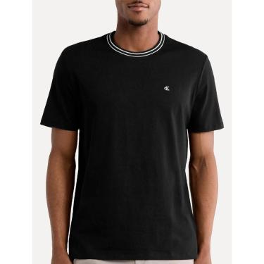 Imagem de Camiseta Calvin Klein Masculina Cotton Friso Gola CK Logo Bordado Preta 4L0129S 0987-Masculino