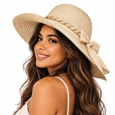 Imagem de Chapéu De Praia Feminino Palha Aba Larga Dobrável Proteção Solar Verão