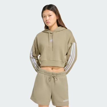 Imagem de Moletom Adidas 3 Stripes Cropped com Capuz Feminino Verde e Branco, P