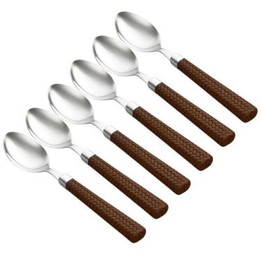 Imagem de Jogo com 6 Colheres de Sobremesa Aço Inox Cabo Marron Tipo Rattan 16cm