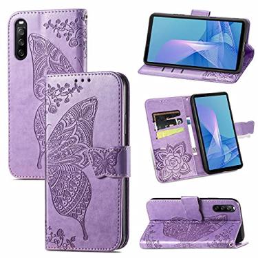 Imagem de YUNCHAO Caixa de telefone Para Sony Xperia 10 III Butterfly Love Flores em relevo caso de couro flip horizontal com suporte e carteira e cordão capa para celular