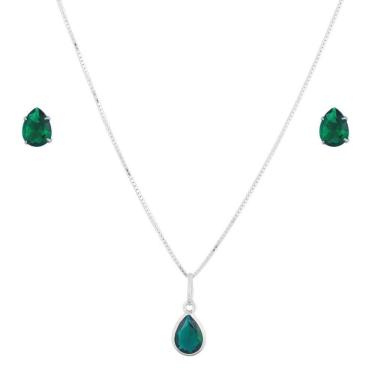 Imagem de Conjunto Corrente Colar 60cm Gota Brincos Em Prata 925