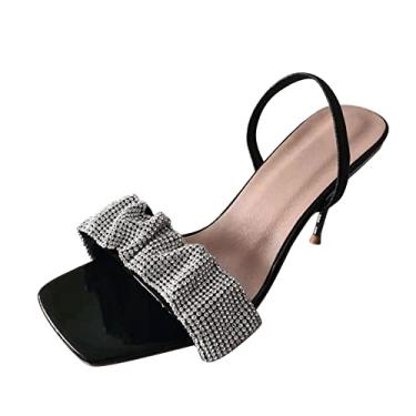 Imagem de Sandálias anabela femininas tamanho 6 senhoras moda verão strass dedo aberto cabeça quadrada sexy fino salto alto sandálias (preto, 8)