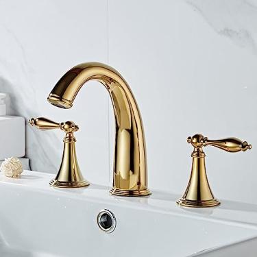 Imagem de Torneira da pia do banheiro com 3 furos Torneira da bacia montada no convés Alças duplas 3 peças Torneira misturadora Água quente fria, ouro