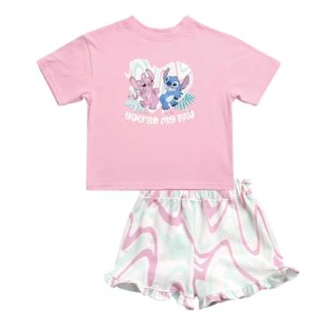 Imagem de Disney Conjunto de shorts para meninas Minnie Mouse - camiseta de algodão de 2 peças e shorts de malha (2-7), Lilo rosa e Stitch, 3 Anos