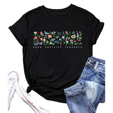 Imagem de Camisetas femininas de flores silvestres com estampa floral botânica, blusa de manga curta, blusa casual Faith Tees Tops, Preto, G