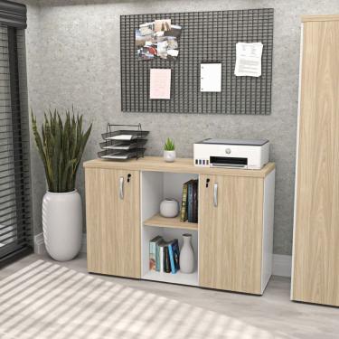 Imagem de Armário Baixo Credenza com Chave 120x42cm Escritório Carvalho/Branco
