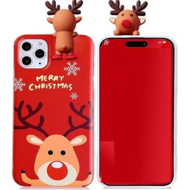 Imagem de Changjia Capa de Natal para iPhone 15 Pro Max, Feliz Natal 3D fofo boneco de neve Papai Noel/chifres de alce cervo capa protetora à prova de choque de silicone macio TPU para mulheres e meninas para