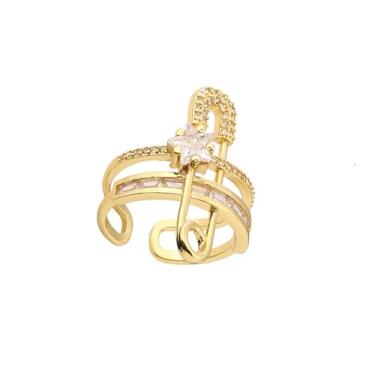 Imagem de KOFISNI Anel de alfinete de segurança para mulheres anel aberto de estrela de cristal brilhante ajustável CZ strass clipe de papel anéis empilháveis ouro grosso declaração joias de casamento presente