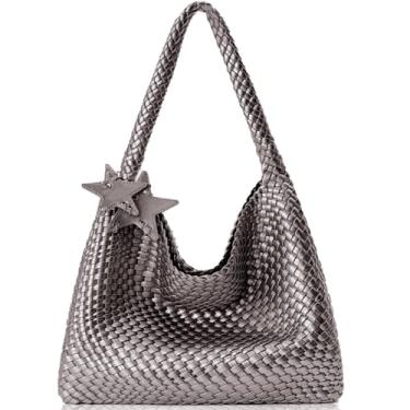 Imagem de OUYGZOU Sacola de Têcido para Mulheres, Bolsa de Ombro Hobo de Praia, Bolsa Tecida à Mão, Prata Antiga, One Size