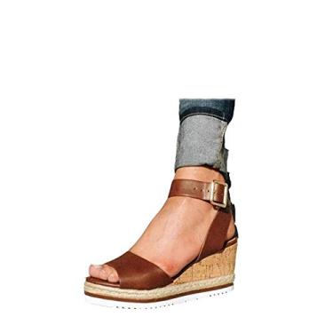 Imagem de Bigfanshu Sandália anabela feminina boca de peixe aberta fivela tira de borracha dourada tornozelo PU sólido sapatos de salto alto, Marrom, 38 BR