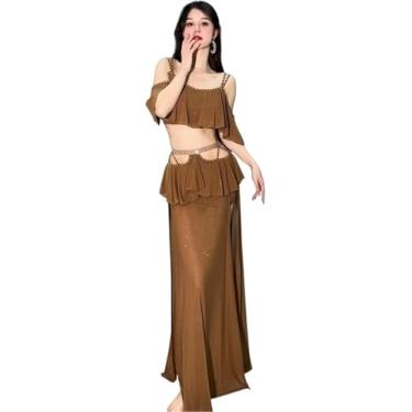 Imagem de Dança Do Ventre Saia Dança Do Ventre Roupas Outono Inverno Malha Mangas Curtas Top Saia Longa Oriental Terno De Treinamento Mulheres Conjunto De Dança Do Ventre, Beige, L