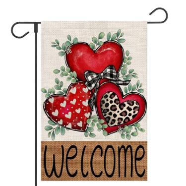 Imagem de OPULANE Bandeira de jardim de Dia dos Namorados 30,5 x 45,7 cm dupla face com laço de coração do amor bandeira decorativa de serapilheira para decoração de boas-vindas ao ar livre
