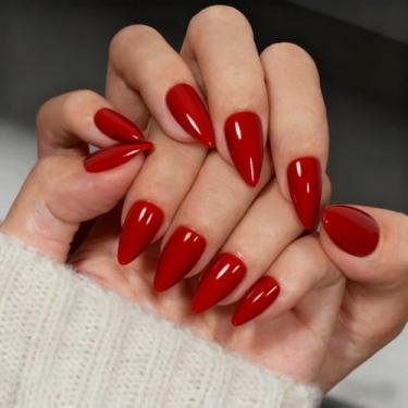 Imagem de SXVME Unhas de pressão vermelho vinho amêndoa – unhas de acrílico estilete médio, unhas falsas vermelhas transparentes opacas com cola, ajuste perfeito, gel macio reutilizável nas unhas para mulheres