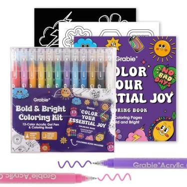 Imagem de Grabie Canetas de gel acrílico de 12 cores e livro de colorir, canetas de gel coloridas de ponta média, caneta de tinta de gel acrílica cores sortidas para desenhar, anotações, kit de colorir ousado e