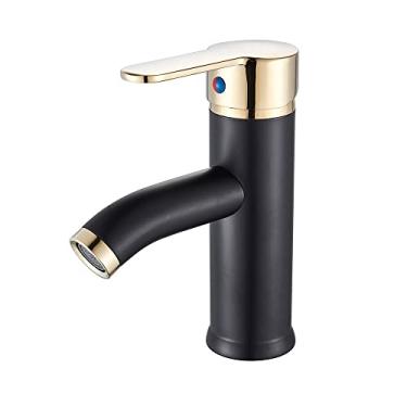 Imagem de Torneiras de lavatório de banheiro Torneira de lavatório misturadora fria/quente Torneira de cozinha de água preta dourada Torneira de pia de banheiro com um furo, preto dourado curto B, tam
