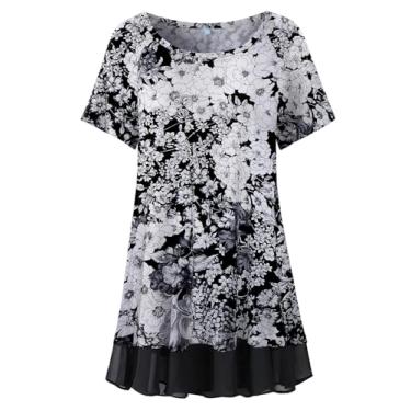 Imagem de LARACE Túnica plus size para mulheres, roupas de verão, camisas elegantes de manga curta, gola redonda, blusas de chiffon, A - preto 36, 2X