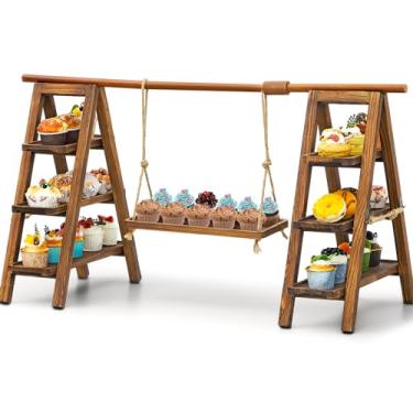 Imagem de Suporte de cupcake de madeira de 3 camadas com travessa de servir 50 x 76 cm, suporte dobrável para sobremesa, bolo, lanche, pão de frutas, centros de mesa para festas, aniversário, casamento, chá de
