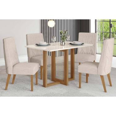 Imagem de Conjunto: Mesa de Cozinha Natalí c/ Tampo Madeirado c/ Vidro Reto 120x80cm e 4 Cadeiras Eloa Nature/Suede Light Linho - Henn