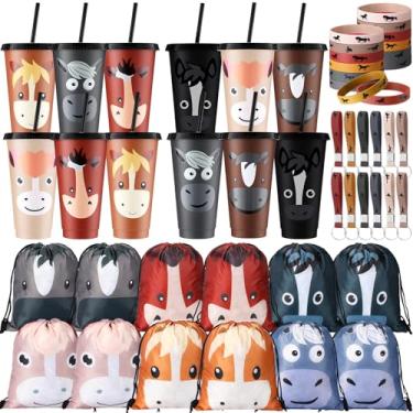 Imagem de Mifoci 12 conjuntos de lembrancinhas de festa de cavalo, suprimentos de aniversário de cavalo, incluindo copos de plástico com tampas e canudos, bolsa de cordão de rodeio, chaveiro e pulseiras de