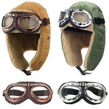 Imagem de JaGely 2 Sets Pilot Hat and Goggles Trapper Hat Flight Costume Winter Hat with Ear Flaps Men Adults (Green, Khaki)
