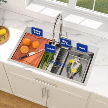 Imagem de Dcolora Pia de cozinha de 71 cm de altura para estação de trabalho pia de aço inoxidável 304 overmount pia de tigela única para cozinha com bacia interna, DC-TM0101