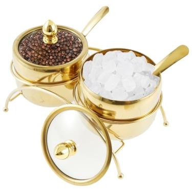 Imagem de Conjunto de açucareiro de aço inoxidável, açucareiro com tampa e colher, potes de condimentos dourados, recipientes de condimentos à prova de ferrugem, pote de tempero reutilizável recipiente de