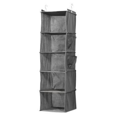 Imagem de Organizador de armário suspenso com 5 prateleiras, ganchos de metal e inserções de bambu, pacote com 1 prateleira suspensa para armazenamento de armário, organizador de roupas dobráveis para roupas e