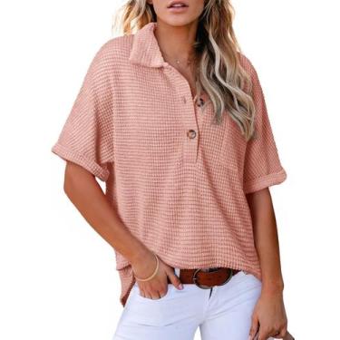 Imagem de Blusa túnica Astylish Waffle Knit com decote em V Camisa Henley rosa e