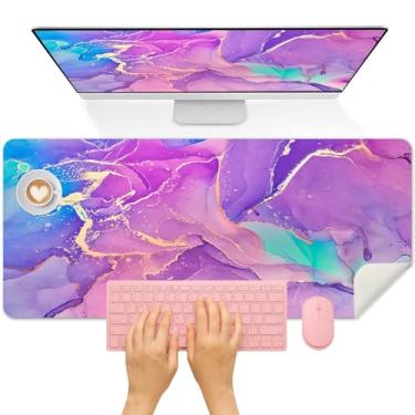 Imagem de Britimes Tapete de mesa de mármore azul roxo pintura dourada almofada de couro PU antiderrapante grande teclado mouse pad acessórios de escritório para escritório, trabalho, decoração de casa (70 x 40