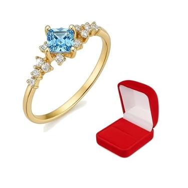 Imagem de Anel Solitário Minimalista Feminino Pedra Quadrada Luxo Banhado Ouro 18K Refinado (Azul Claro, 26)